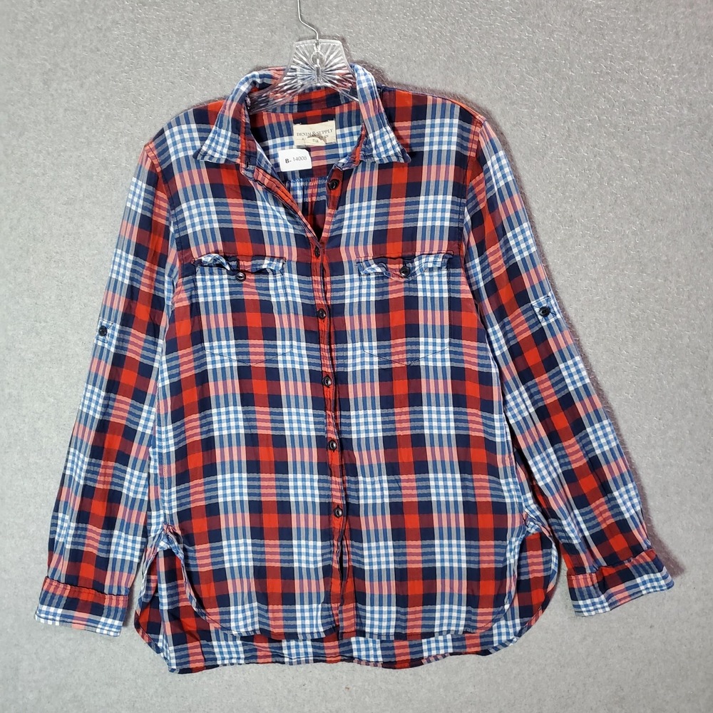 Denim Supply Ralph Lauren Women Top Medium Blue Tartan Roll Tab Sleeve